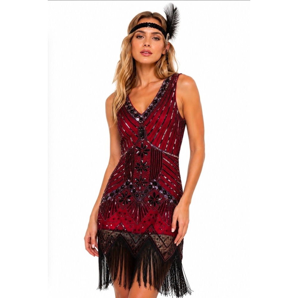 DDSOL XL Flapper Dress Women Red Black Sequin Bead Fringe 1920s Gatsby Style
